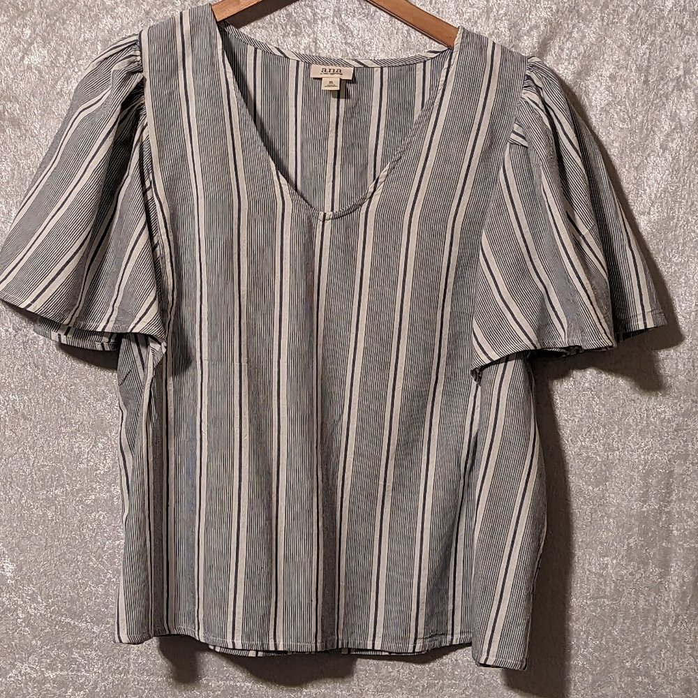 ANA Poplin V-neck Striped Blouse with Puffed Sleeves NWOT